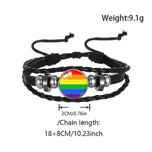 Detail view of rainbow pride flag braided leather bracelet with dimension and weight