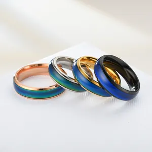 Detailed view of four 6mm stainless steel mood rings showing vibrant color-changing inlays.