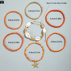 7-delige Boheemse enkelbandjesset met oranje kralen, zeester bedel en schelpdetails