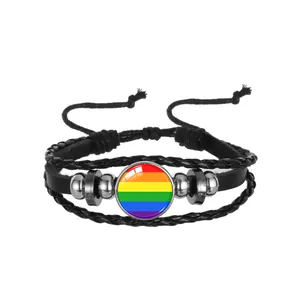 Close-up of multi-layer braided leather bracelet with rainbow striped glass centerpiece.