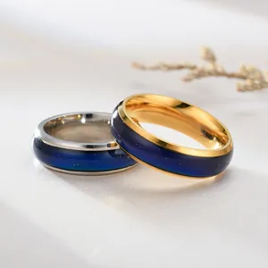 Close-up of 6mm thermochromic stainless steel rings showing the color-changing band detail