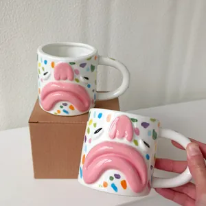 Creative 3D big mouth ceramic mug with colorful dots and artistic sad face relief
