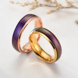 Detailed view of color-changing stainless steel mood rings in gold and rose gold.