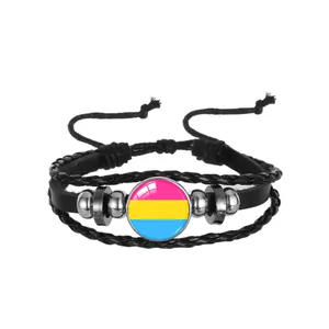 Adjustable multilayer braided leather bracelet with Pansexual pride flag glass cabochon