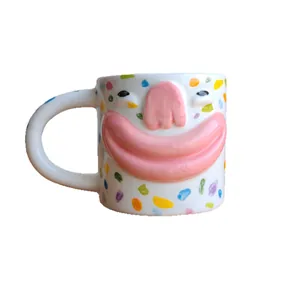 Creative funny ceramic coffee mug with 3D big mouth face and colorful polka dots design