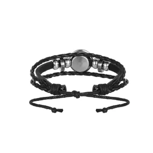 Vintage multi-layer braided black leather bracelet with an adjustable cord closure design