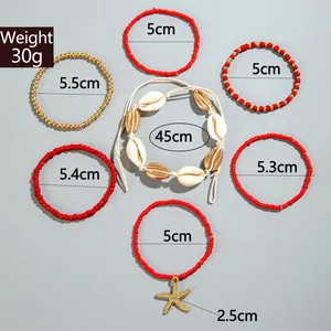 Detailweergave van de Boheemse zevenstuks kralenarmbandset met zeester en schelpen