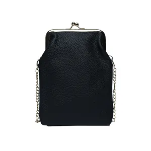 Elegant black pebbled genuine leather crossbody phone bag featuring a gold clasp and chain strap