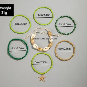 7-delige Boheemse kralen enkelbandjes set met zeester en schelp details, 31 gram