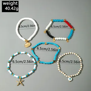 Boheemse kleurrijke kralenarmbandenset met zeester- en schelphangers, 6,5 cm diameter