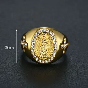 Detailed macro shot of 20mm gold plated stainless steel iced out Virgin Mary hip hop ring