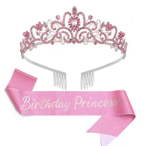 Ensemble tiare d'anniversaire élégant en strass rose avec écharpe de princesse à paillettes