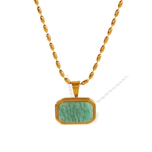 French Style Stainless Steel Natural Stone Rectangular Pendant Necklace Gold Plated Ball Chain For Women Minimalist Jewelry