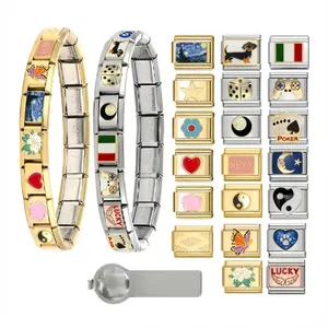 Stainless Steel Italian Charm Bracelet DIY Elastic Splicing Link Jewelry With Various Enamel Pattern Pendants Gift For Women Men