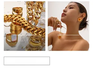 Close-up detail of 18k gold plated stainless steel necklace and vintage style rings set.