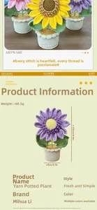 Detail showing the 22cm height and 8cm width of the handmade crochet sunflower plant.