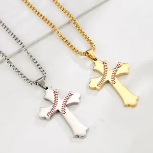 Stainless Steel Baseball Cross Necklace 18k Gold Plated Sport Element Religious Pendant Box Chain Unisex Sporty Jewelry