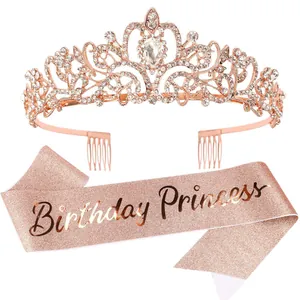 Ensemble diadème d'anniversaire or rose et écharpe de princesse pour fête filles