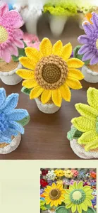 Close-up of vibrant handmade crochet sunflower potted plants with intricate yarn stitch details