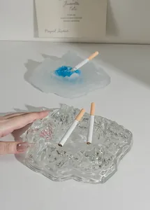 Detail view of crystal glass ashtray with a Japanese Mt. Fuji snow mountain design