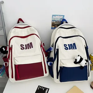 Zaino vintage per studenti ad alta capacità per scuola e viaggi in beige e blu navy