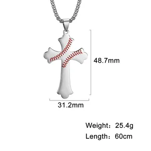 Detail view of a stainless steel baseball cross necklace with dimensions and weight listed