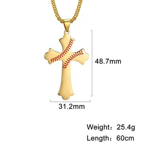 Gold baseball cross necklace detail showing 48.7mm by 31.2mm dimensions and weight.