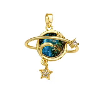 Elegant gold planet pendant with celestial star charms and sparkling crystal details.