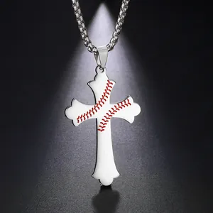 Polished stainless steel cross pendant necklace featuring red baseball stitch engraving
