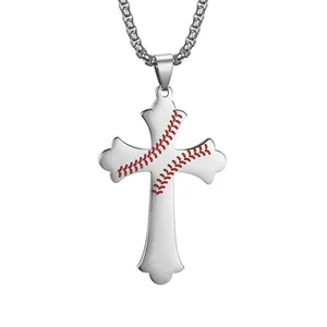 Stainless steel cross necklace with red baseball stitching design for sports fans