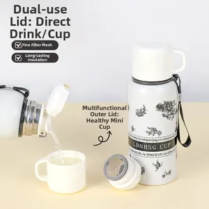 Detail showing a white insulated bottle with a floral pattern and a detachable lid used as a cup