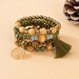 Bracelet Bohème Avec Pendentif Arbre de Vie et Gland Ensemble de Bracelets Élastiques Multicouches en Perles de Bois et Pierre Synthétique Bijoux Ethniques Faits Main Unisexe