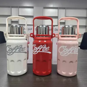 Set of three stainless steel insulated coffee thermos flasks in white, red, and pink colors