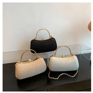 Elegant French-style glitter evening clutch bags with chain straps in three colors