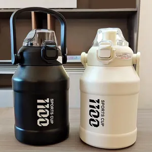 Detailed close-up of 1100ml black and beige sports water bottles with portable handles