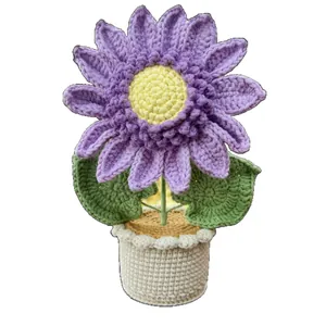 Exquisite handmade crochet purple sunflower potted plant for creative desktop or car decoration