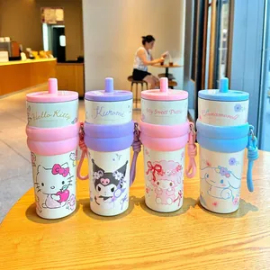 Four cute Sanrio character straw cups including Hello Kitty and Kuromi on a wood table.