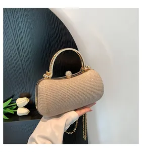 Champagne sparkling evening clutch bag with golden top handle and chain strap.