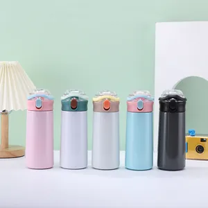 Set of five colorful cute straw water bottles shown in a bright lifestyle studio setting