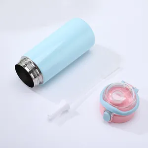 Detailed view of the portable straw water bottle with disassembled lid and components