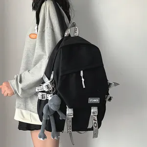 Large capacity black backpack for students and laptop storage with curved straps