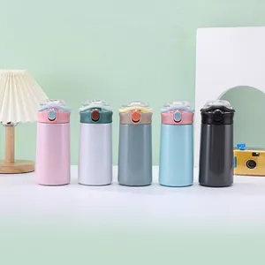 Portable Stainless Steel Insulated Cup With Straw Cute Cartoon Bear Dinosaur Pattern Vacuum Flask For Students Office Home Gift