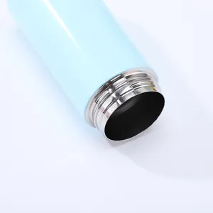 Macro detail shot of a minimalist light blue stainless steel water bottle mouth and threads