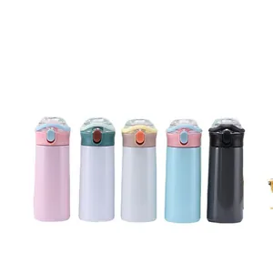 Set of five colorful insulated water bottles with straw and flip lids on white background