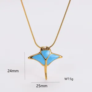 Detailed view of gold manta ray necklace with blue enamel and dimensions