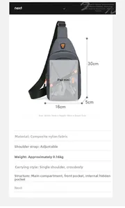 Detailed view of grey men's chest bag with dimensions and technical specifications table