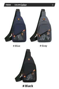 Men's fashion chest bags in blue, grey, and black with camouflage and orange accents