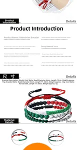 Detail view of handmade flag color woven bracelets with size and material specifications.