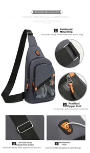 Detail view of headphone jack and metal buckles on men's gray camo sling bag