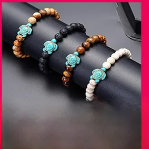 Set mit 4 böhmischen 8-mm-Natursteinarmbändern mit türkisfarbenen Meeresschildkröten
